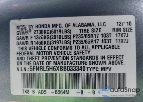 2011 Honda Odyssey Ex-L из США, поврежденный, VIN 5FNRL5H6XBB033340